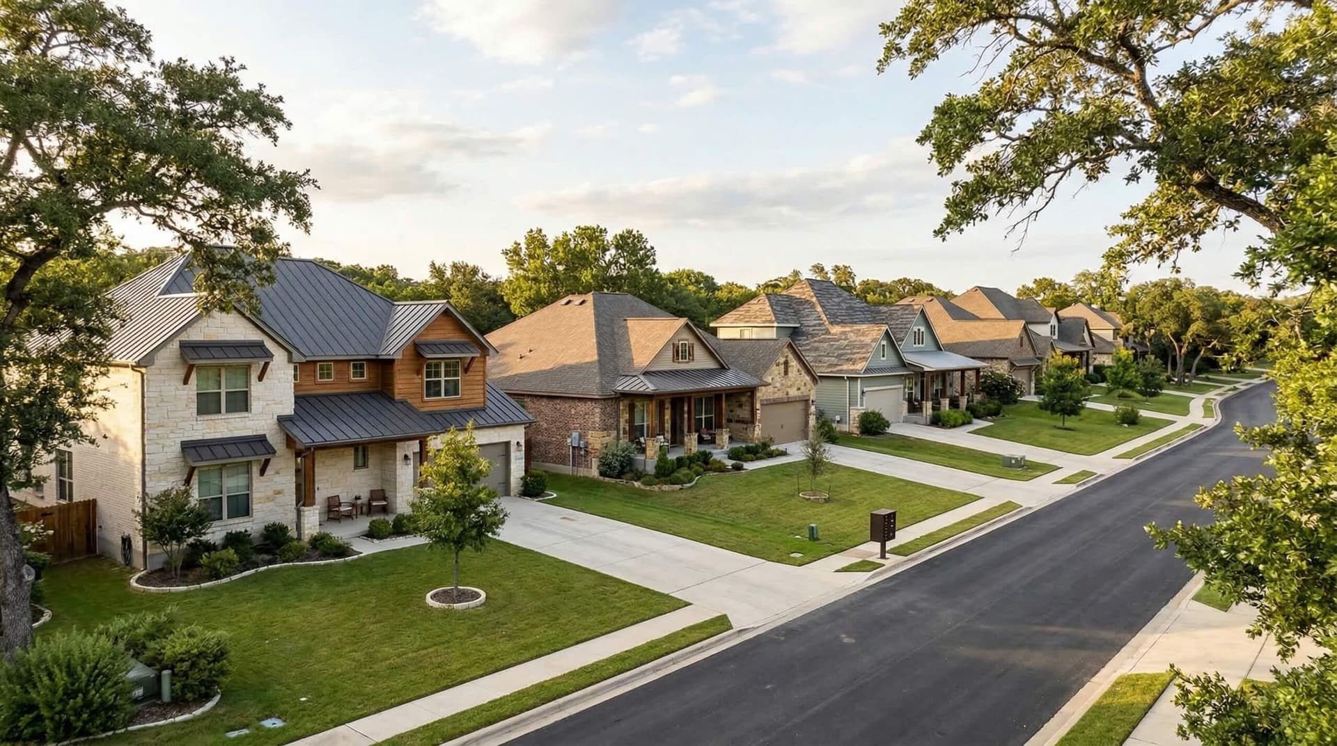 Houses on a neighborhood street representing residential property tax services
