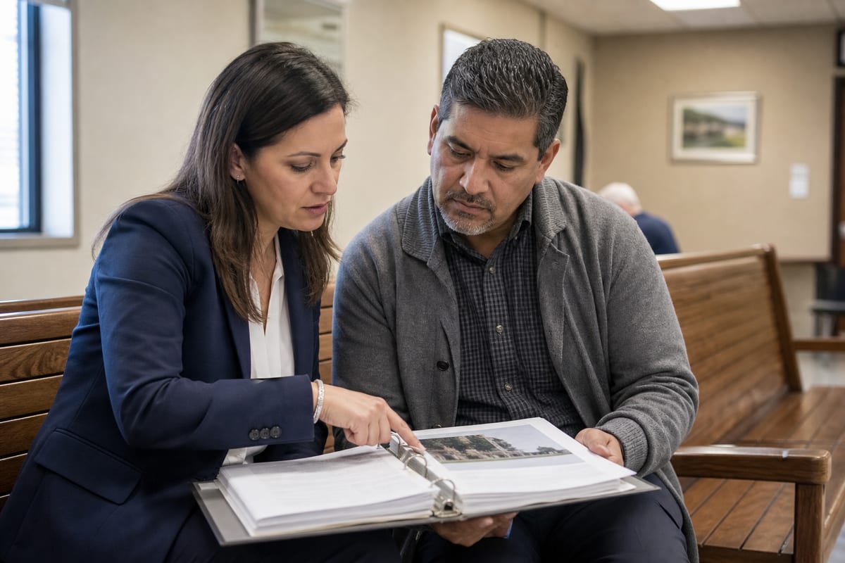 Property tax consultant reviewing an evidence binder with a homeowner before an appraisal review board hearing